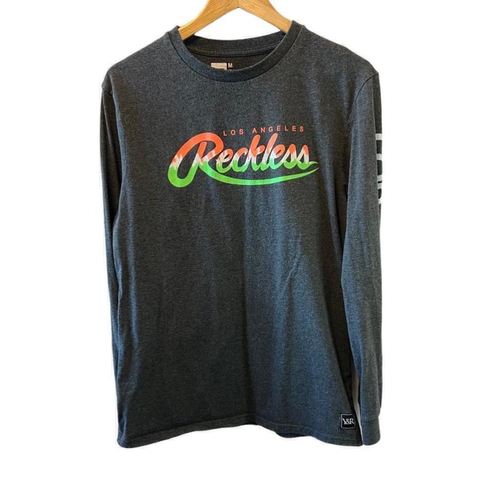 MENS YOUNG & RECKLESS Gray Long Logo Graphic Print Sleeve Crew NeckT-Shirt M